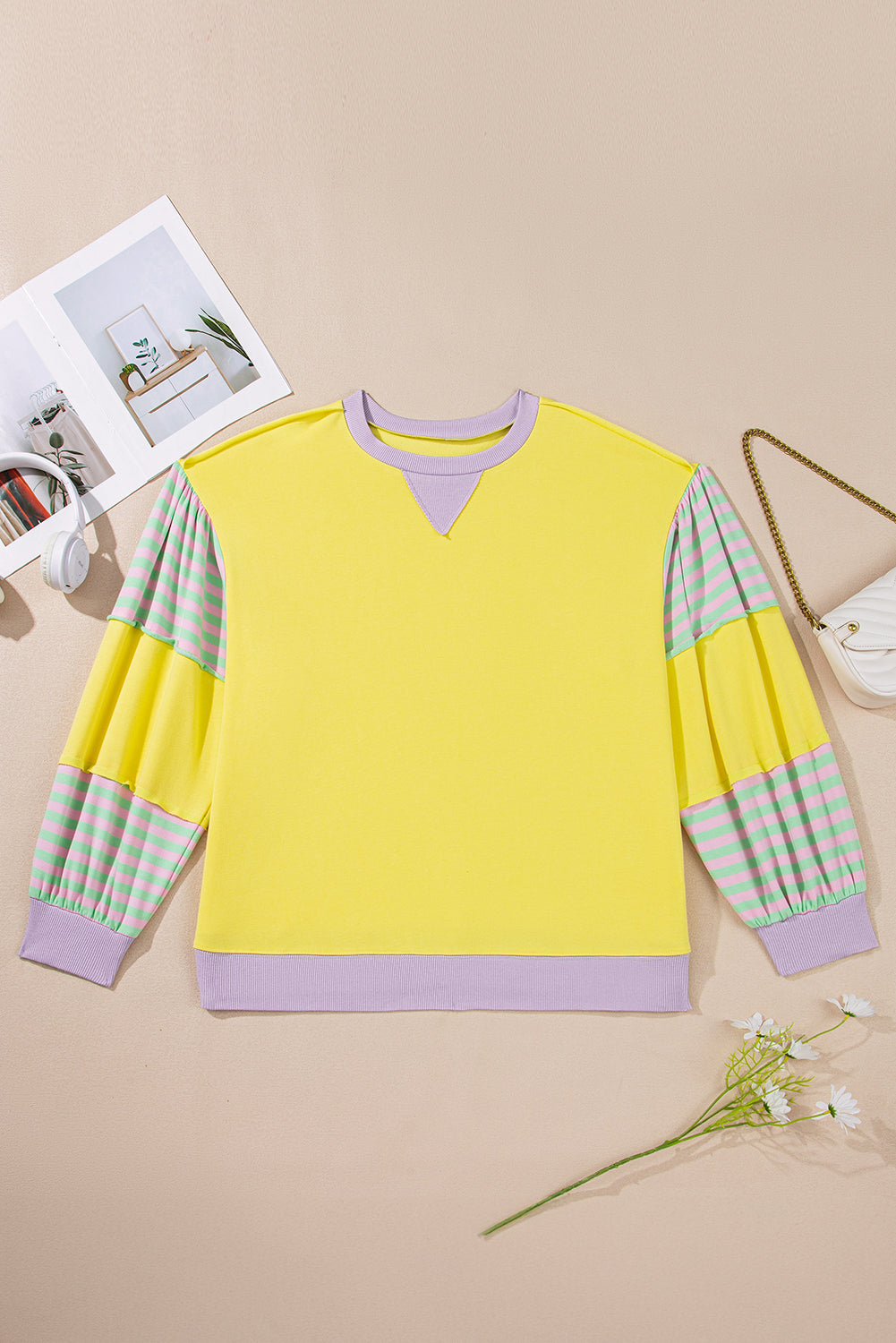 Threaded Pear Yellow Striped Color Block Patchwork Crewneck Plus Size Pullover Sweatshirt