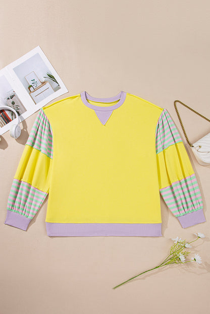 Threaded Pear Yellow Striped Color Block Patchwork Crewneck Plus Size Pullover Sweatshirt
