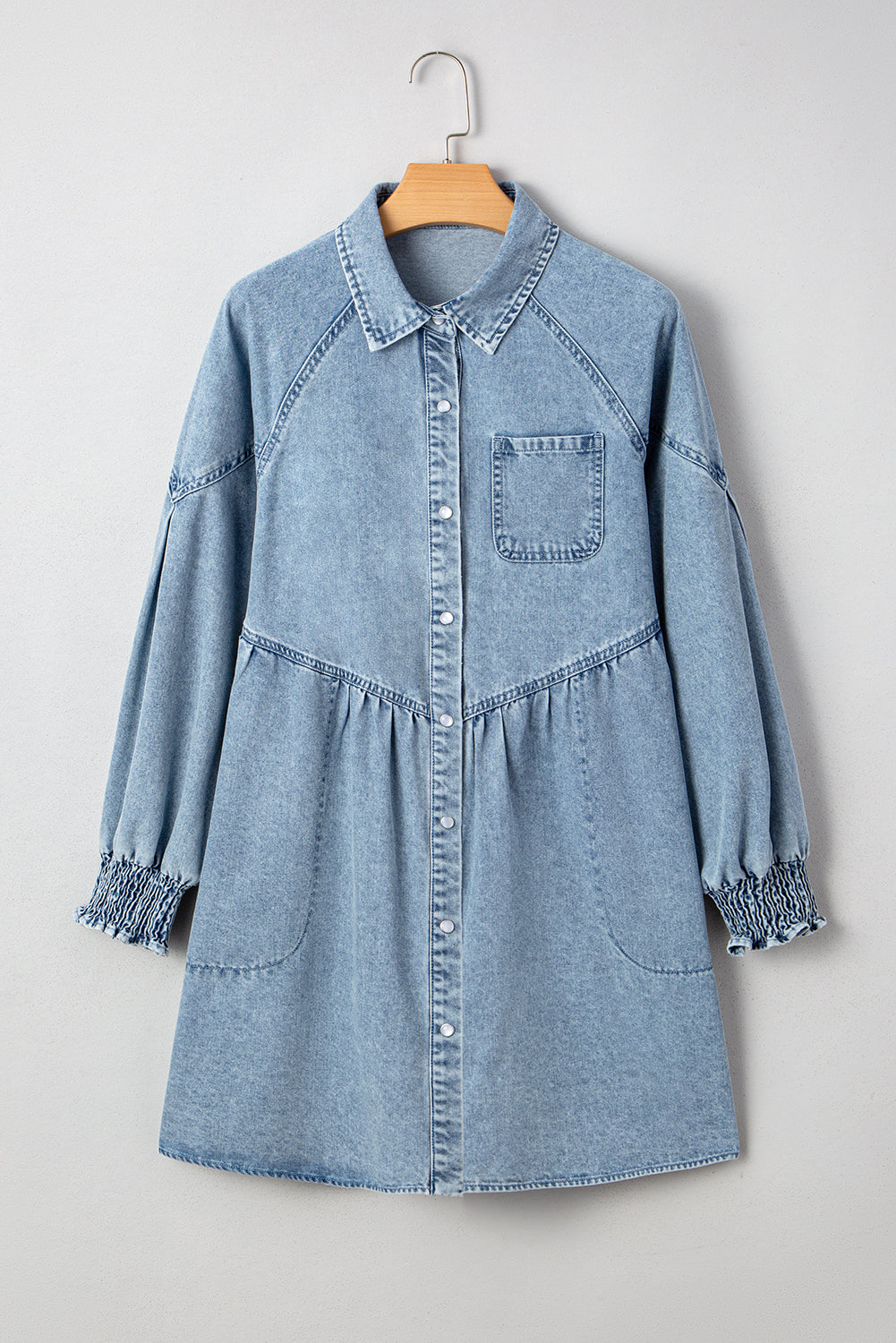 Threaded Pear Molly Smocked Cuffs Flared Denim Shirt Mini Dress