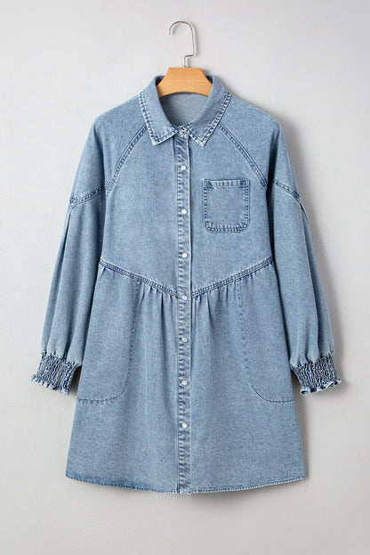 Threaded Pear Molly Smocked Cuffs Flared Denim Shirt Mini Dress