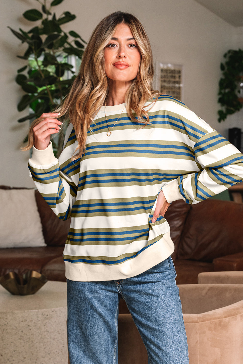 Threaded Pear Rose Stripe Crew Neck Pullover Sweatshirt