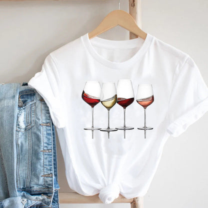 Women’s Artistic Wine Glass Print Casual Tee | Minimalist Graphic Short Sleeve T-Shirt | Trendy Cotton-Blend Summer Top | Fun & Stylish "Happy Hour" Tee for Women | 2026 Casual Chic Streetwear