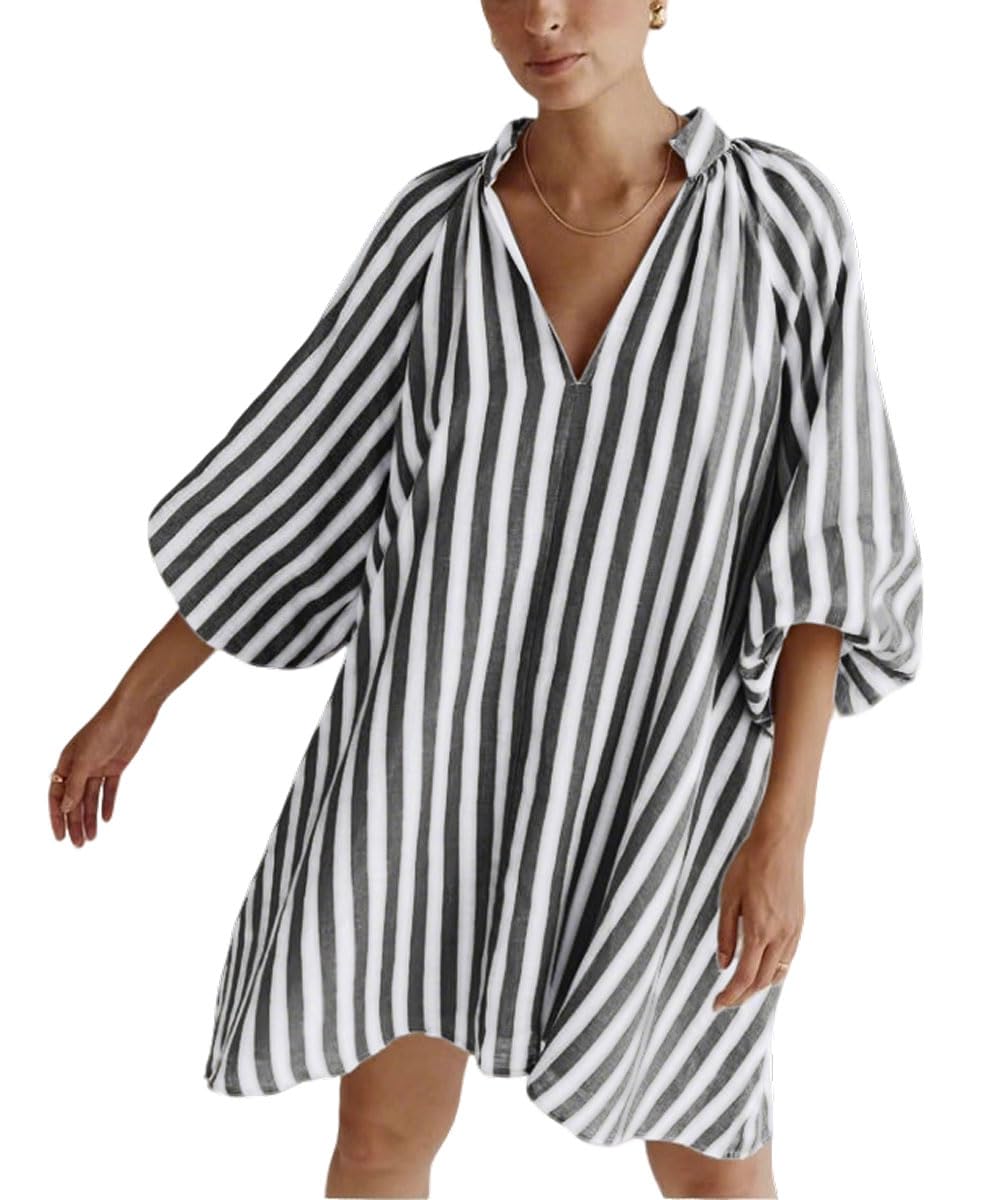 Women Mini Dress Summer Striped Beach Vacation 3/4 Sleeve Boho Chic Dress