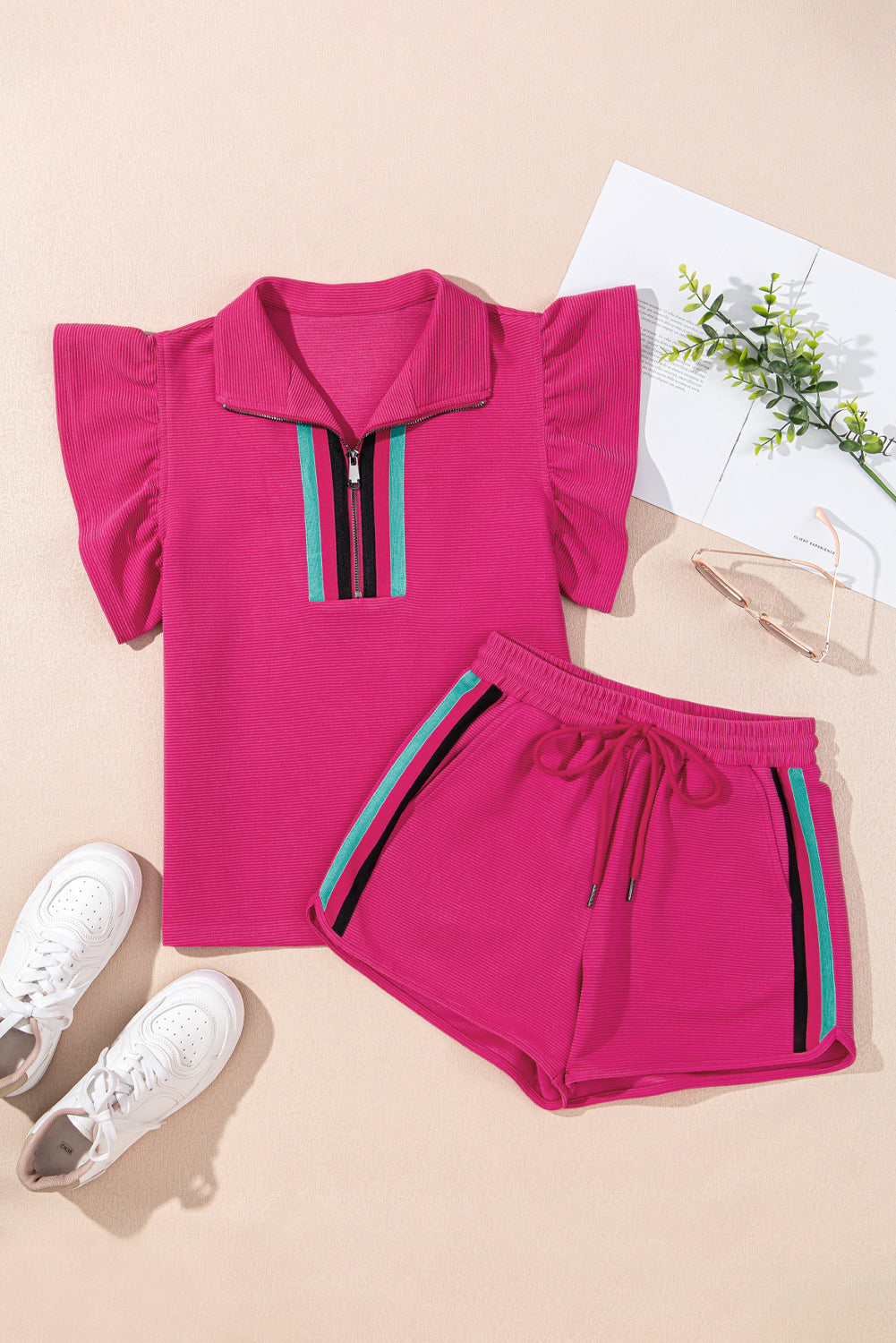 Threaded Pear Sol Striped Detail Flutter Sleeve Zipped Collar Short Set
