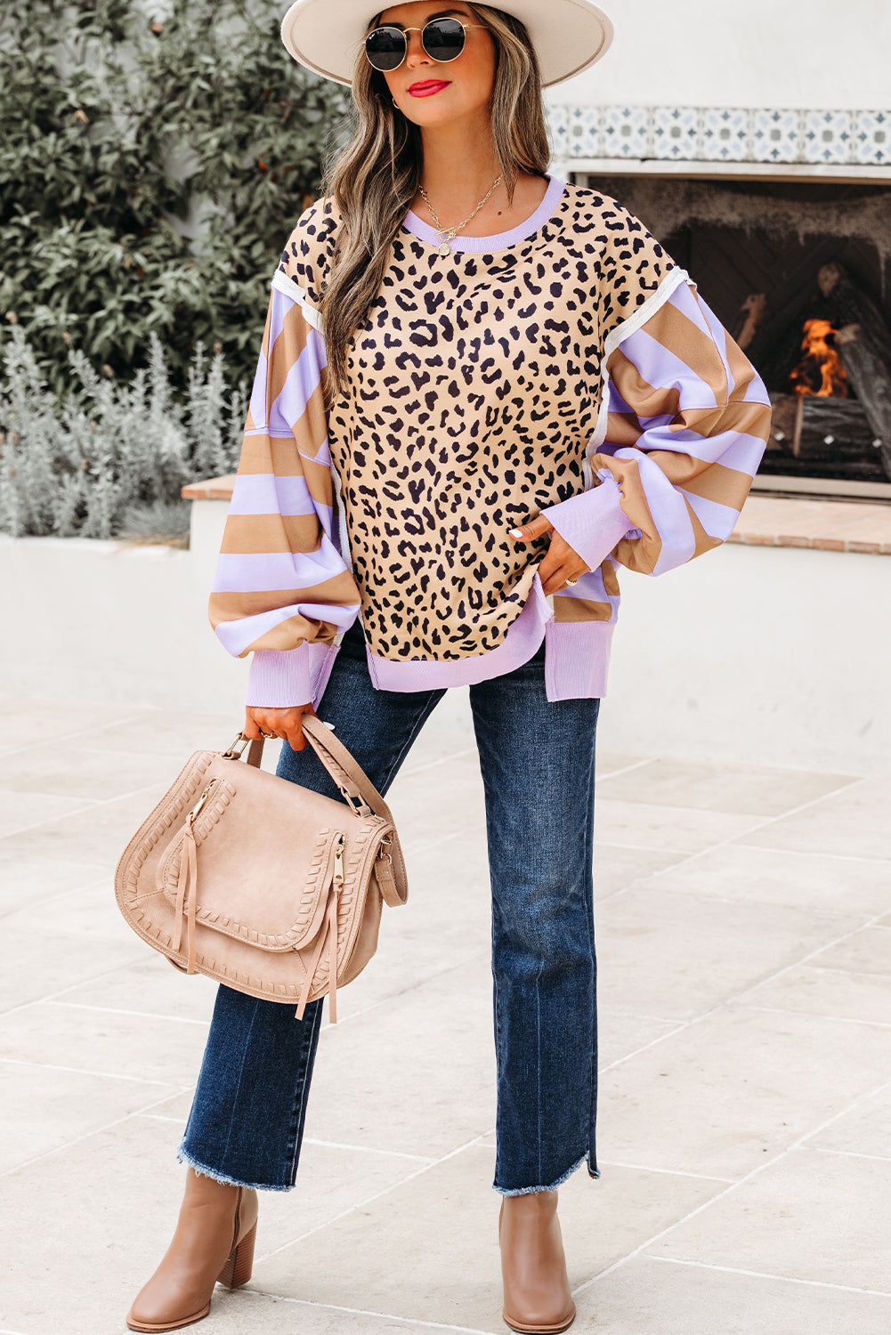 Threaded Pear Olivia Stripe Leopard Casual Sweatshirt