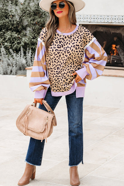 Threaded Pear Olivia Stripe Leopard Casual Sweatshirt