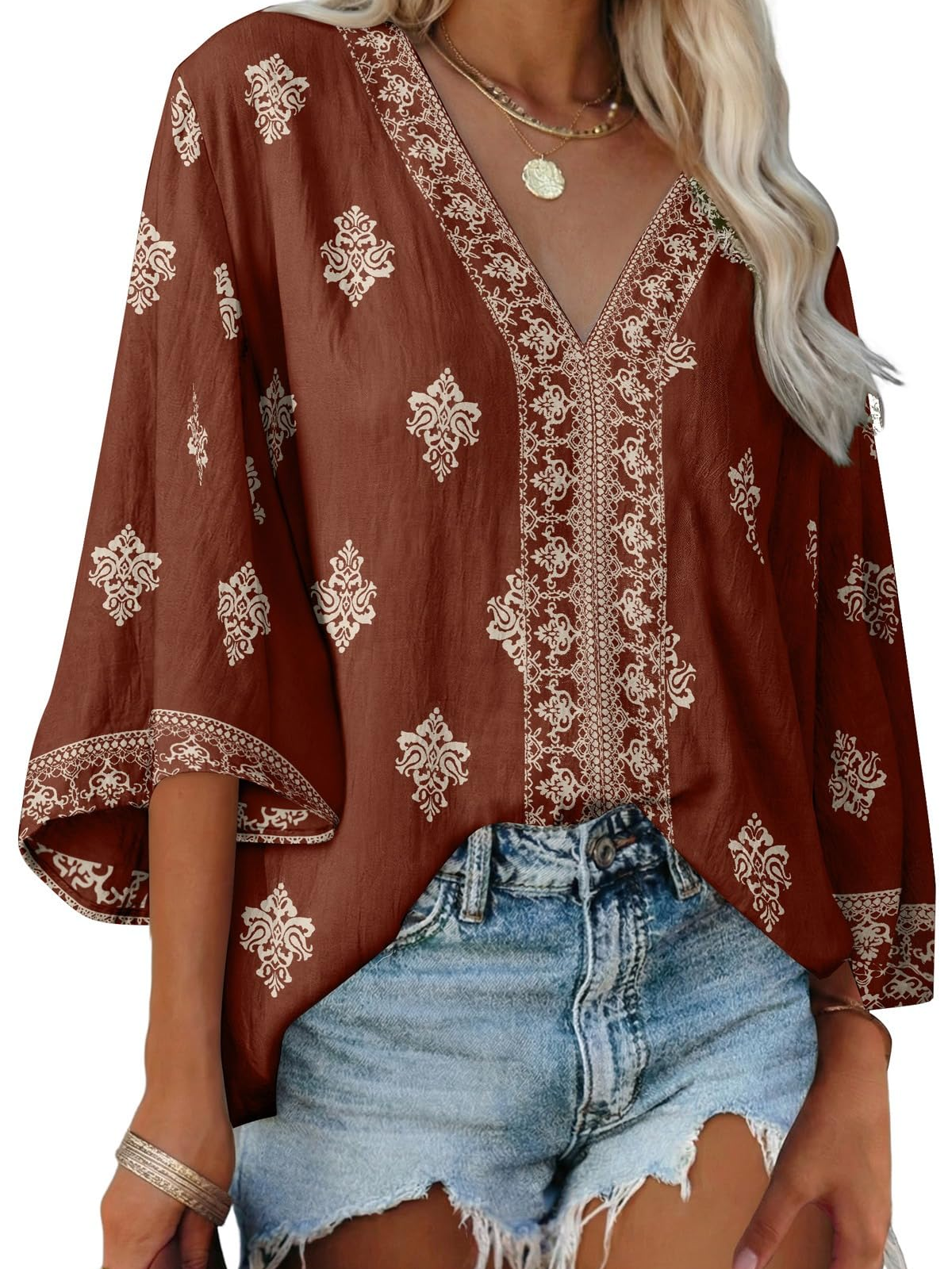 Women's Boho Embroidered V-Neck 3/4 Sleeve Blouse