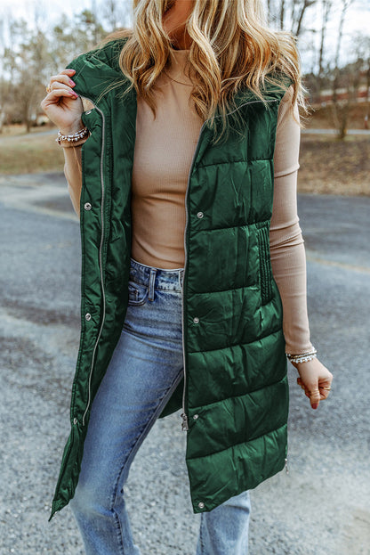 Threaded Pear Black Hooded Long Quilted Vest PLUS Coat