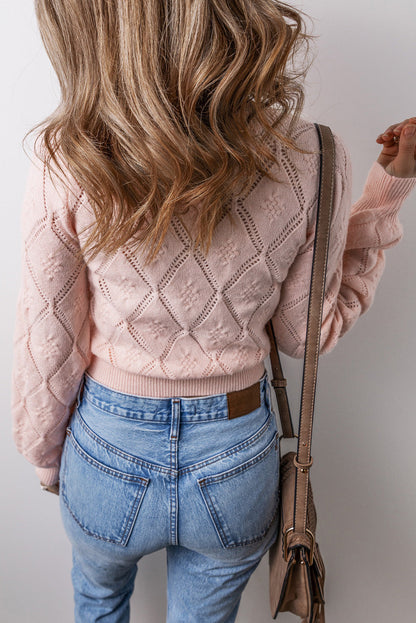 Threaded Pear Molly Openwork Plaid Puff Sleeve Cropped Sweater