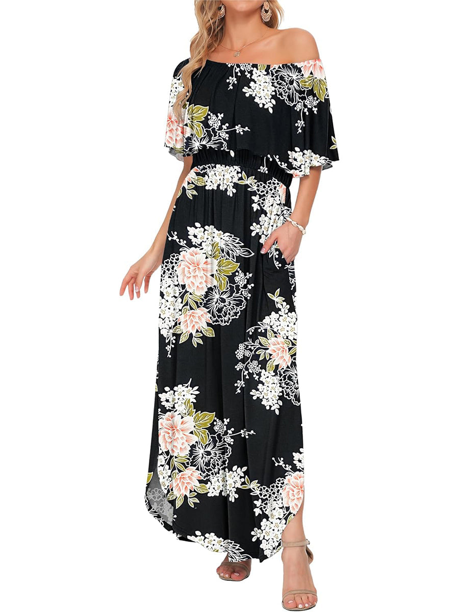Women's Off Shoulder Floral Maxi Dress with Pockets & Slit
