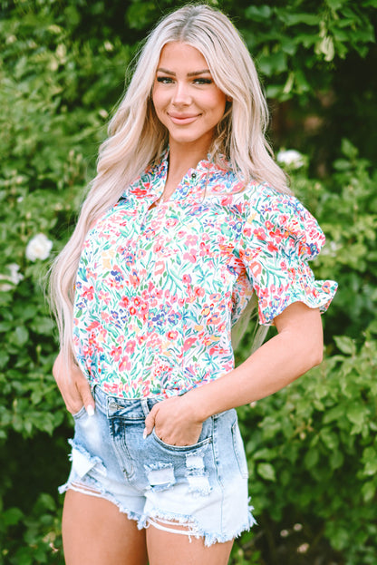 Threaded Pear Azaria Floral Print Button Split Neck Puff Sleeve Blouse