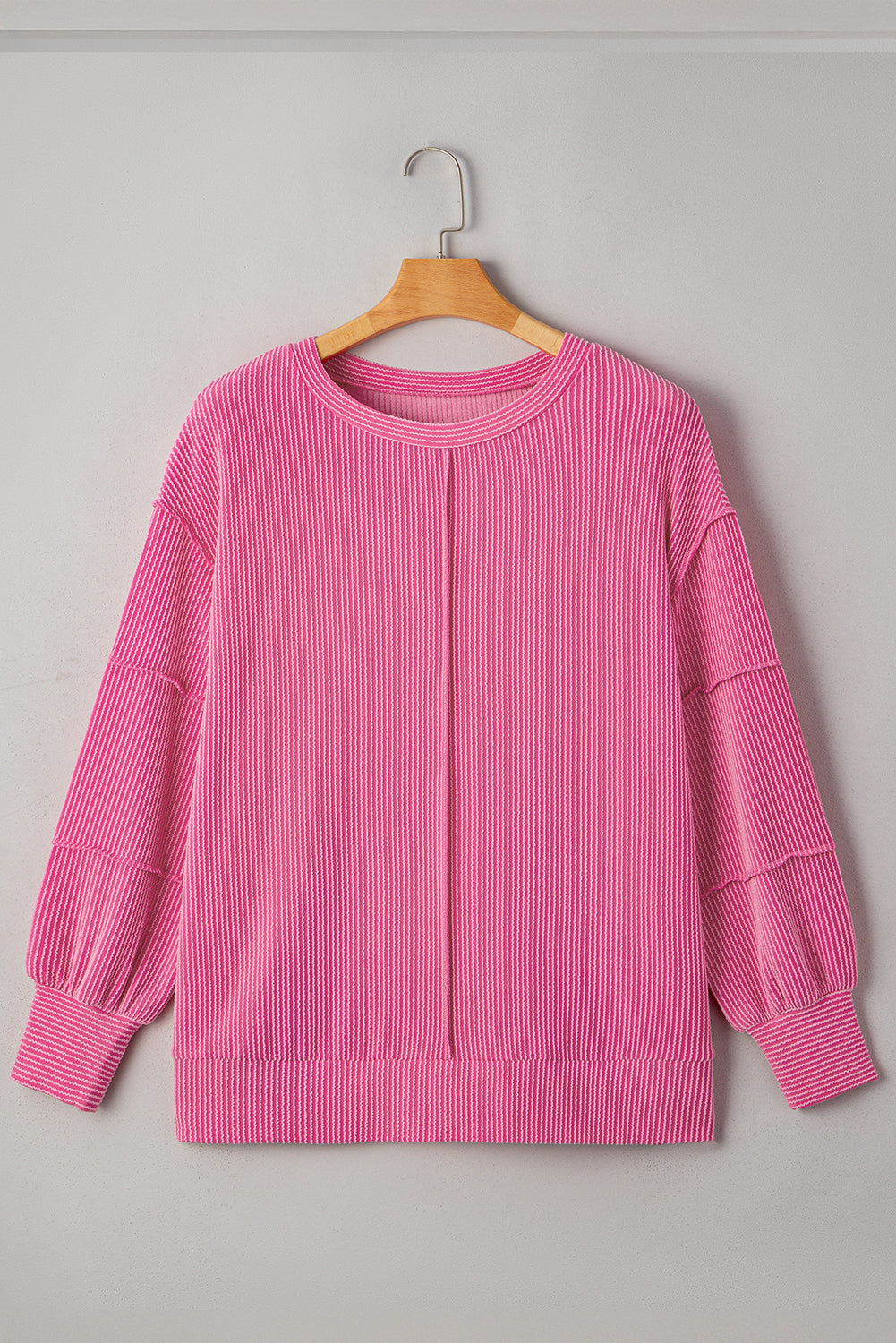 Threaded Pear Bonbon Spiral Ribbed Exposed Seam Detail Plus Size Long Sleeve Top