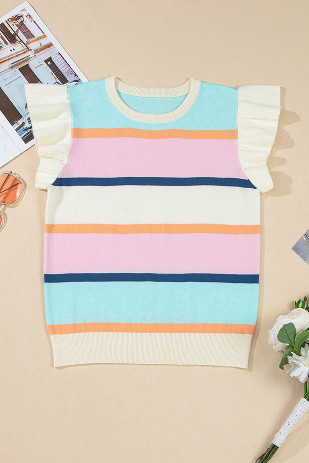 Threaded Pear Yasmin Striped Flutter Sleeve Patchwork Top