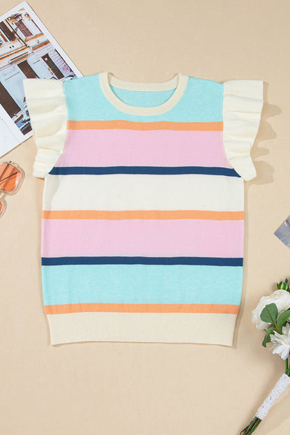 Threaded Pear Yasmin Striped Flutter Sleeve Patchwork Top