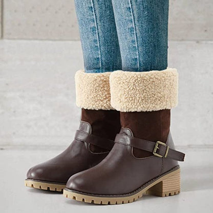 Women’s Fashion Buckle Western Boots | High-Sense Chunky Heel Winter Shoes | Trendy Minimalist Round Toe Warm Boots | Luxury-Label Statuesque Outdoor Wear | 2026 High-Fashion Radiant Cold-Weather Essential