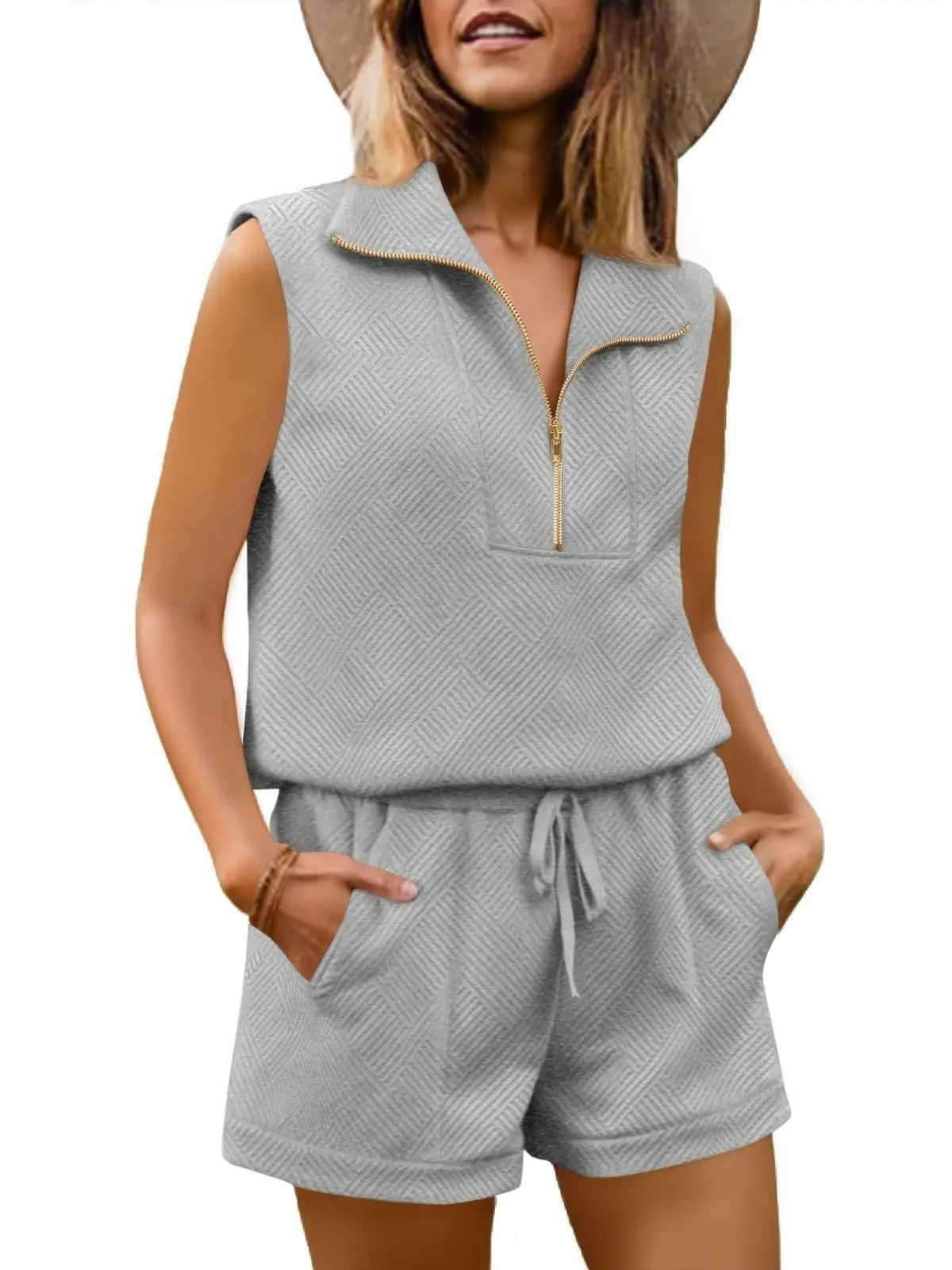 Womens 2 Piece Outfits Short Sets Half Zip Sleeveless Tops and Drawstring Shorts