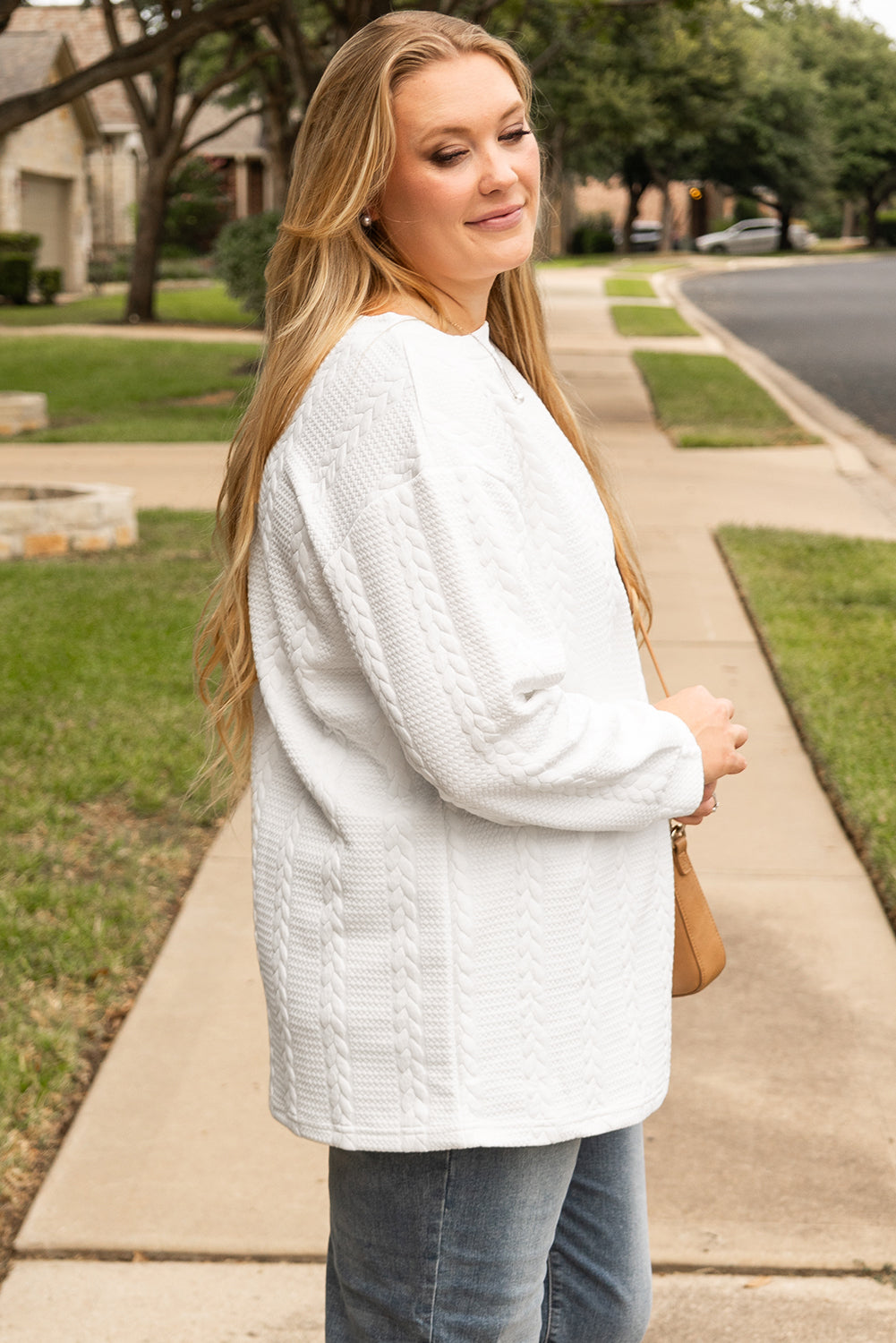 Threaded Pear White Cable Textured Loose Plus Size Sweatshirt