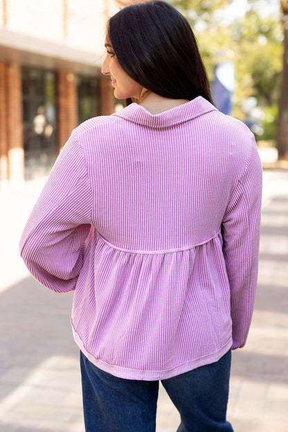Threaded Pear Blake Corded V Neck Bubble Sleeve Blouse