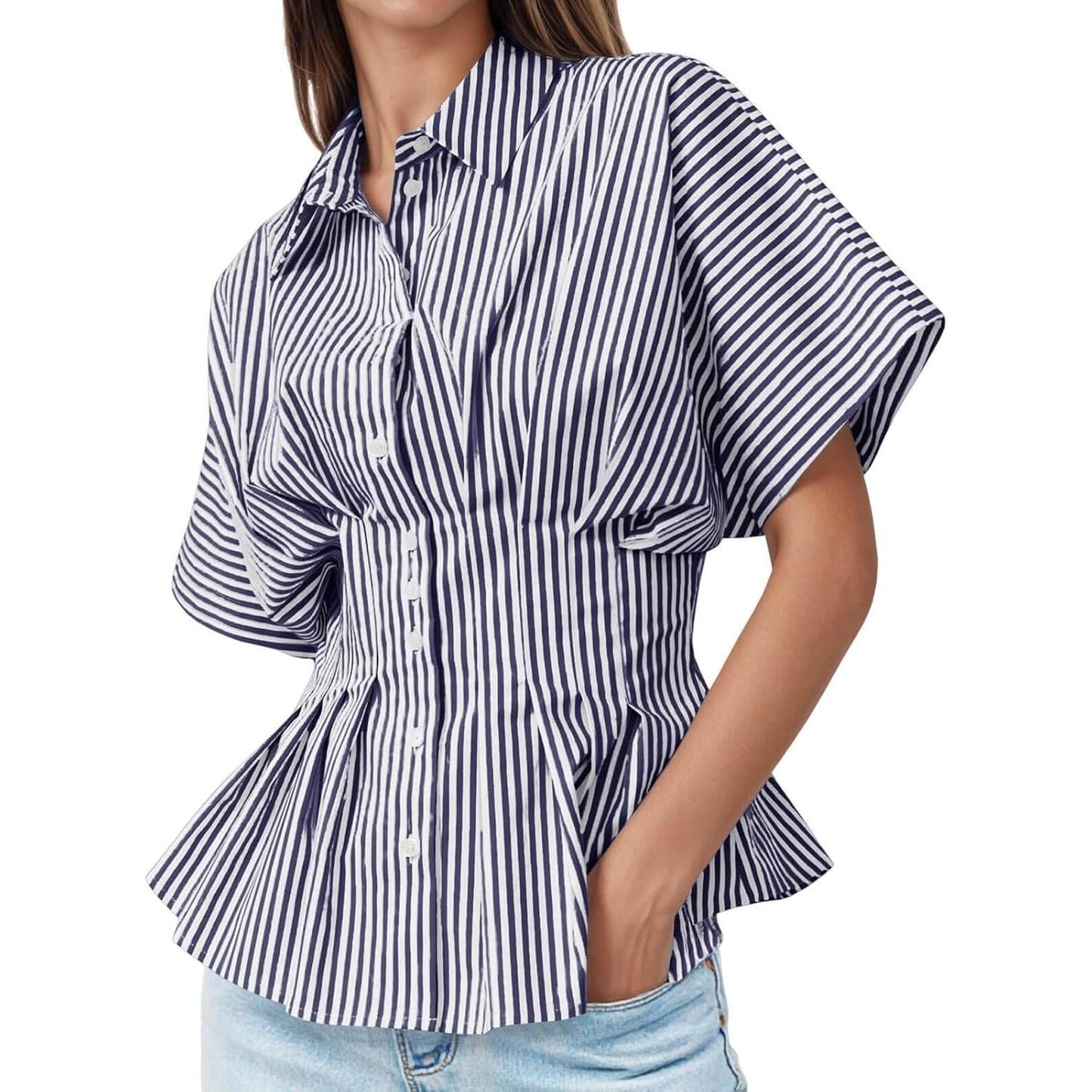 Women's Striped Peplum Button-Down Blouse