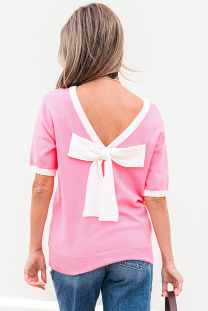 Threaded Pear Mercy Bow V-Shape Cut Back Short Sleeve Sweater