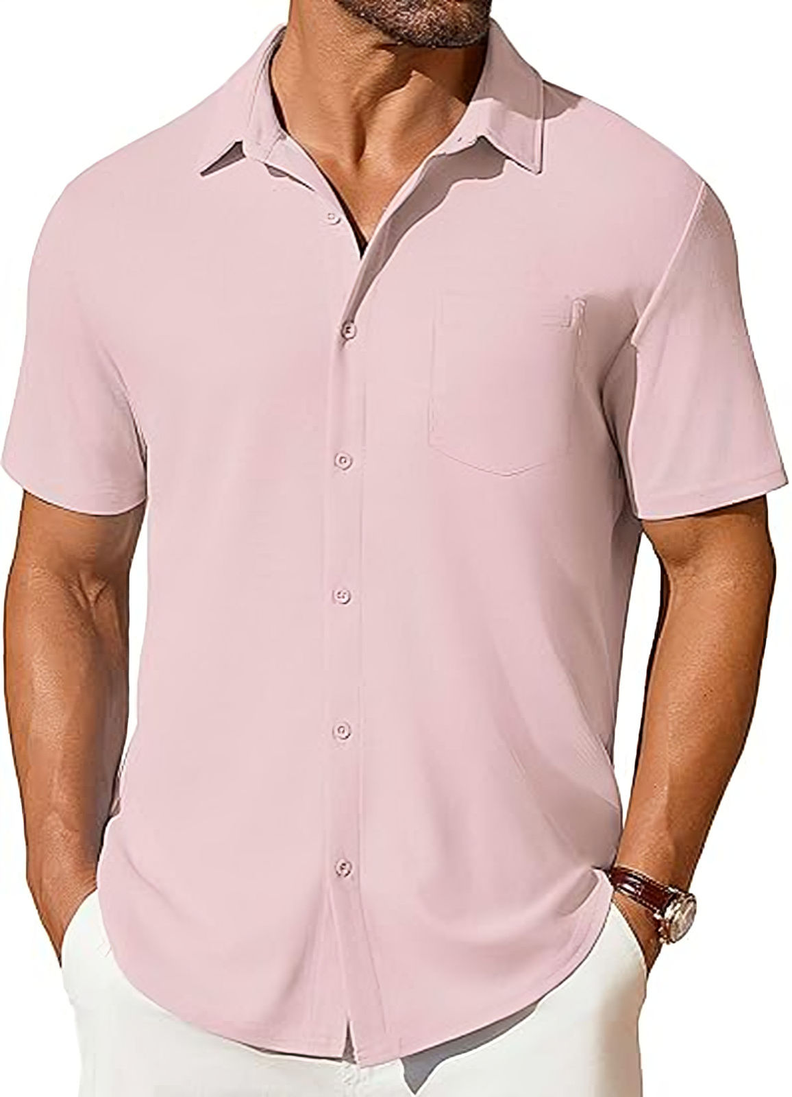 Men’s Short Sleeve Button-Up Shirt | Premium Wrinkle & Crease Resistant Fabric | Non-Iron Modern Business Casual Shirt | Travel-Friendly Lightweight Men's Summer Top
