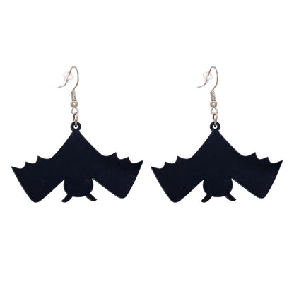 Black Acrylic & Silvertone Bat Drop Earrings