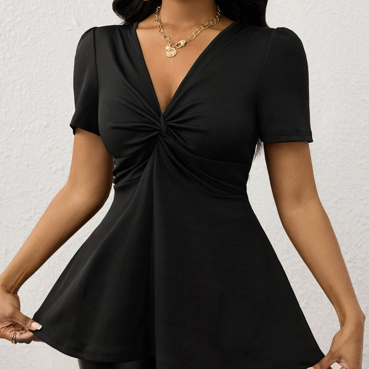 Women's V-neck Temperament Versatile Solid Color sleeved t-shirt top