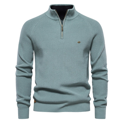 Men's Zipper Stand Collar Knitted Sweater Fashion Slim Solid Color Long Sleeve Half Turtleneck Top Men's Clothing
