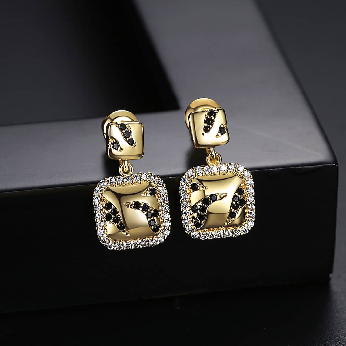 Black Cubic Zirconia & Goldtone Halo Square Drop Earrings