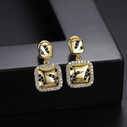 Black Cubic Zirconia & Goldtone Halo Square Drop Earrings