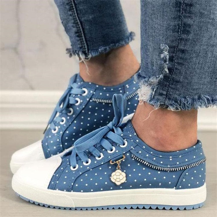Floral Embroidered Polka Dot Print Sneakers — Women’s Casual Canvas Shoes