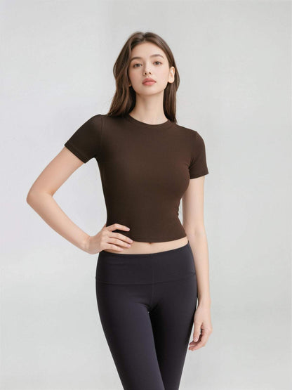 Ribbed Short Sleeve Built-In Padded Bra Crop Top