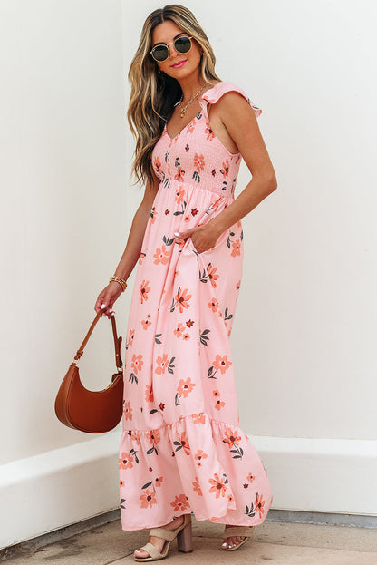 Threaded Pear Clare Floral High Waist Ruffle Hem Long Dress