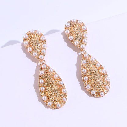Exaggerated Geometric Pearl Drop Earrings | European & American Style Alloy Inlaid Earrings | Bold Statement Pearl Dangles | Modern Architectural Fashion Jewelry