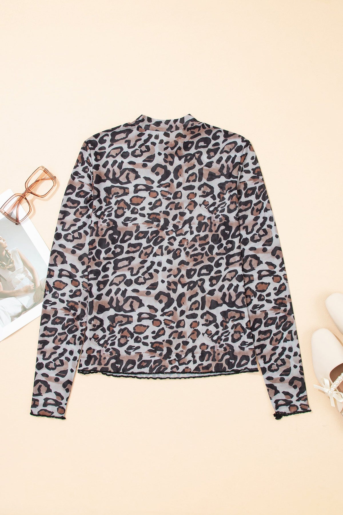Ada Brown Leopard Mock Neck Mesh Long Sleeve Top