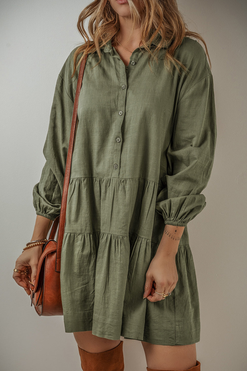 Threaded Pear Ariana Puff Sleeve Buttoned Tiered Dress