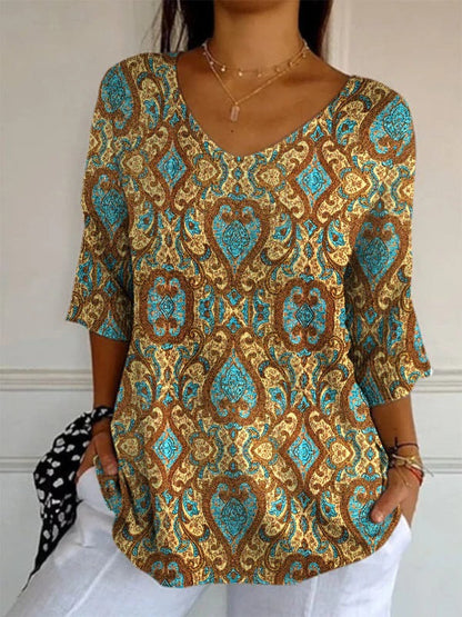 Women’s Elegant Retro Floral Print V-Neck Top | High-Sense Casual Long Sleeve Blouse | Trendy Minimalist Vintage-Style Top | Luxury-Label Statuesque Spring Wear | 2026 High-Fashion Radiant Urban Essential