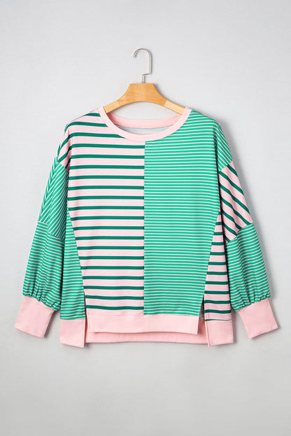 Threaded Pear Green Stripe Color Block Exposed Seam Side Slit Plus Size Sweatshirt