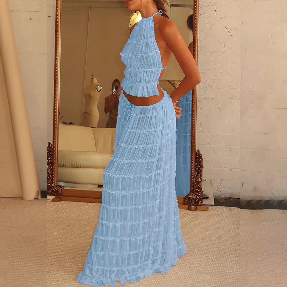 2pcs Women's Dress Suit Sleeveless Backless Cropped Halter Top And Pleated Long Skirt Beach Clothing
