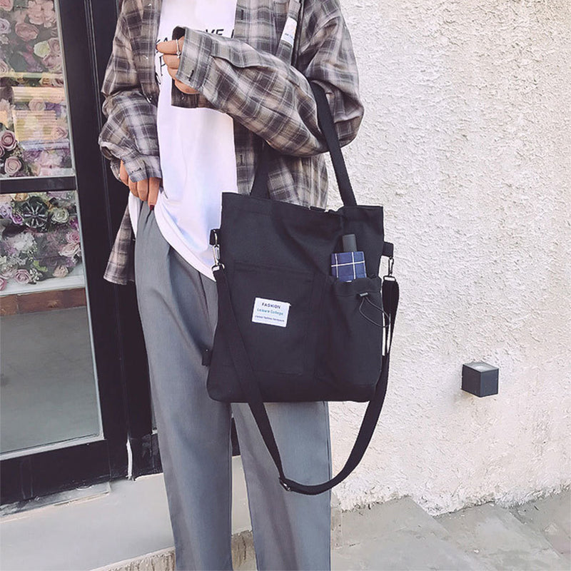Harajuku Style Canvas Handbag for Students | Multi-Pocket Preppy Backpack & Shoulder Bag | Kawaii Schoolbag for Women | Large Capacity Versatile Tote for College & Travel