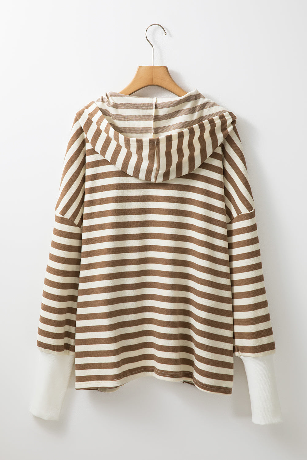 Threaded Pear Brown Stripe Quarter Buttons Drop Sleeve Plus Size Hoodie