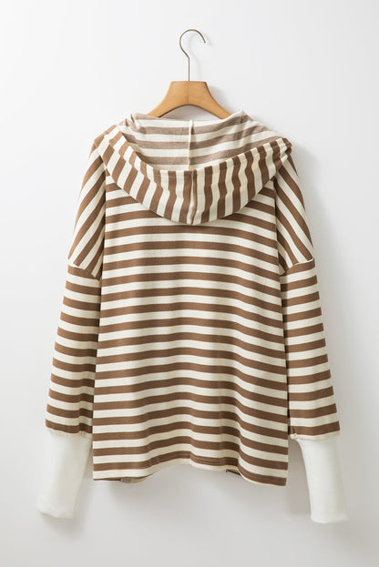 Threaded Pear Brown Stripe Quarter Buttons Drop Sleeve Plus Size Hoodie