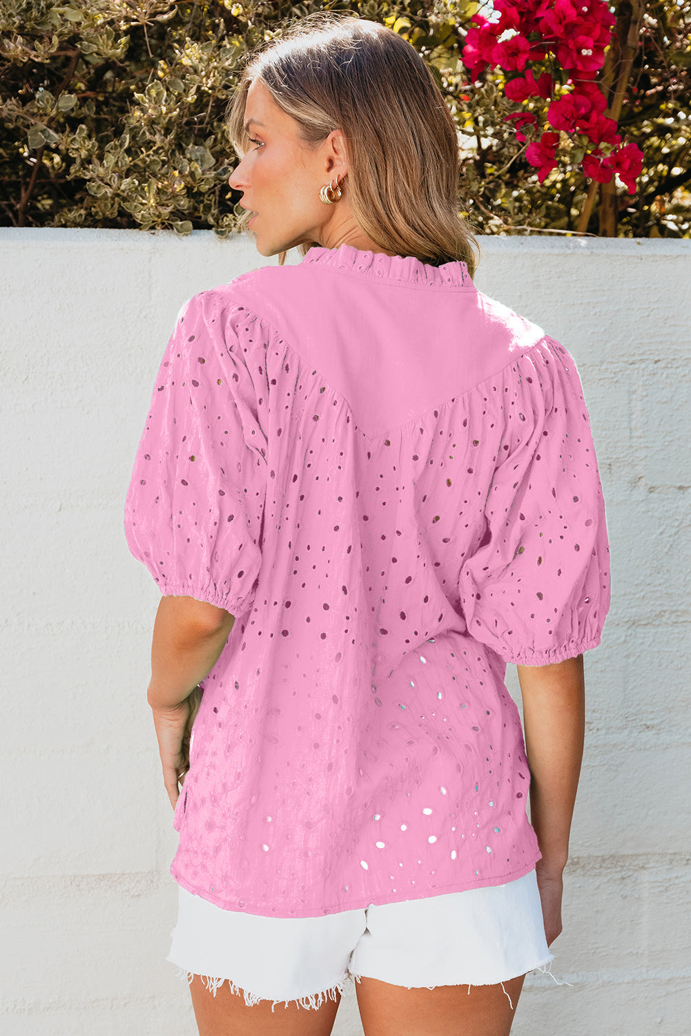 Threaded Pear Arielle Embroidered Hollow-out Puff Sleeve Blouse