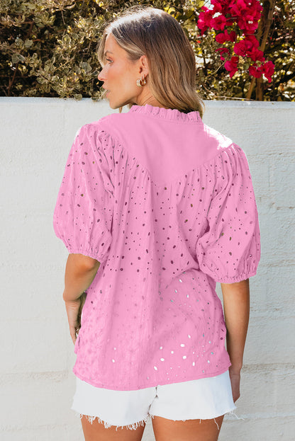 Threaded Pear Arielle Embroidered Hollow-out Puff Sleeve Blouse