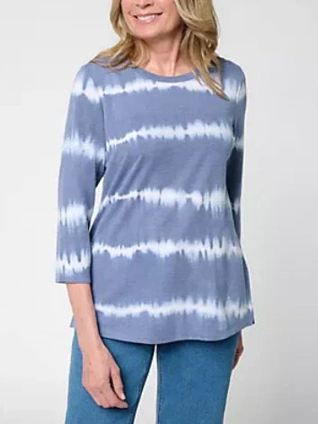 Women's Tie-Dye Stripe 3/4 Sleeve Crew Neck Top