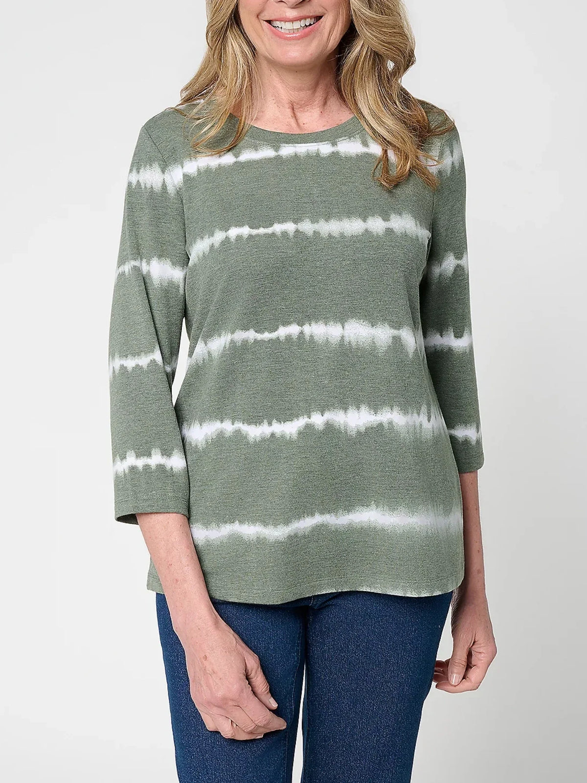 Women's Tie-Dye Stripe 3/4 Sleeve Crew Neck Top