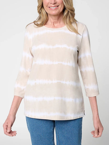 Women's Tie-Dye Stripe 3/4 Sleeve Crew Neck Top