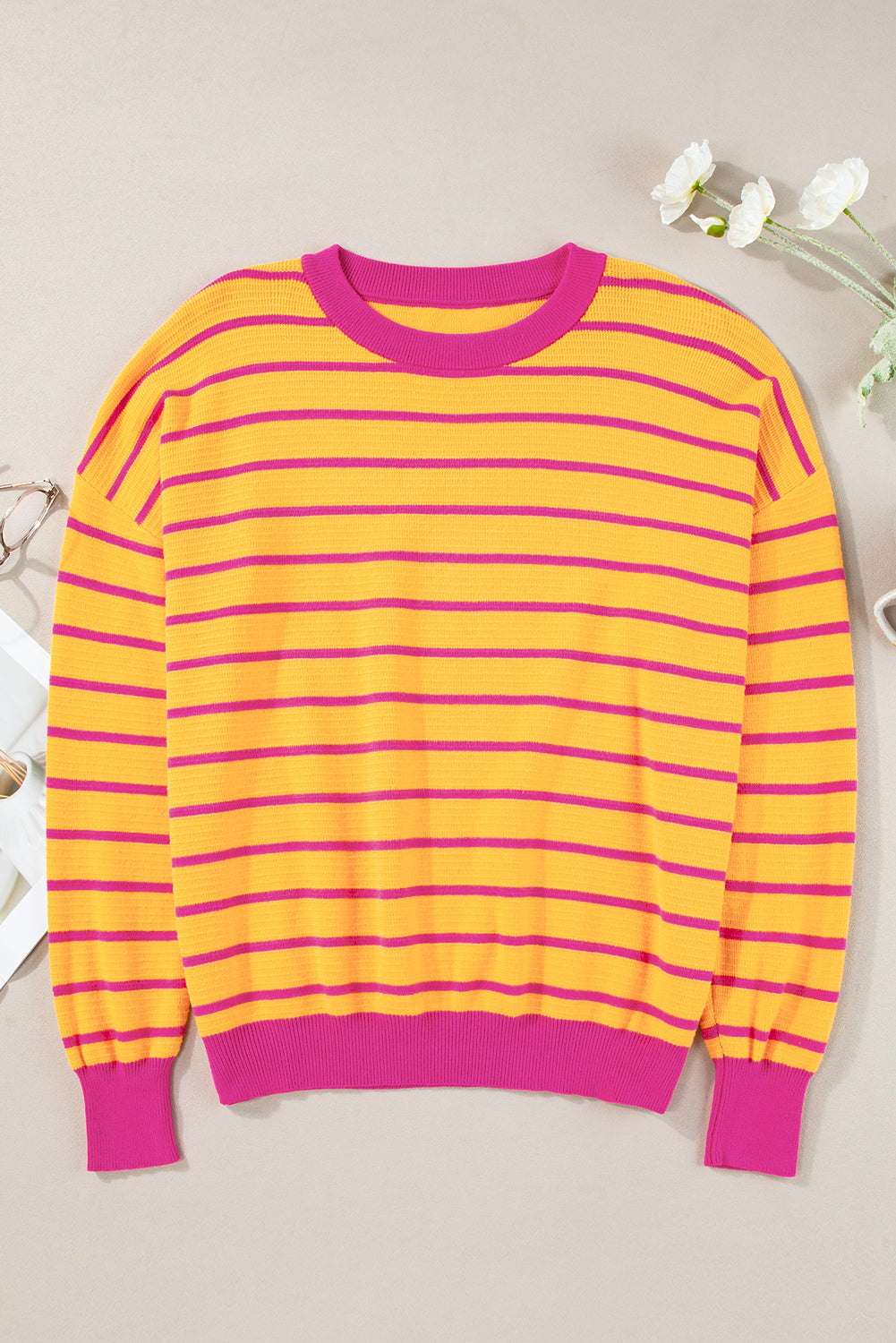 Threaded Pear Briar Stripe Trimmed Round Neck Loose Sweater