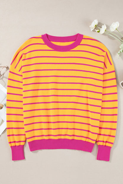 Threaded Pear Briar Stripe Trimmed Round Neck Loose Sweater