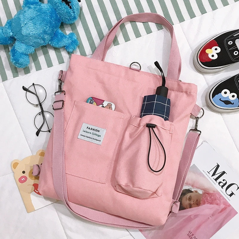 Harajuku Style Canvas Handbag for Students | Multi-Pocket Preppy Backpack & Shoulder Bag | Kawaii Schoolbag for Women | Large Capacity Versatile Tote for College & Travel